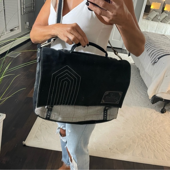 Roberto Cavalli Just Cavalli large laptop briefcase messenger bag black plaid - Picture 5 of 16